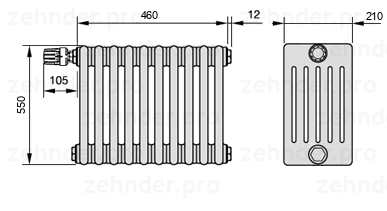 Схема (чертеж) Радиатор Zehnder Charleston 6055/10 №V011 Белый глянцевый RAL 9016